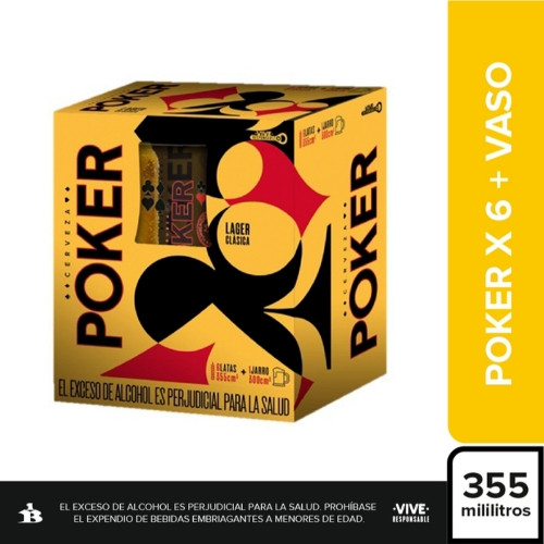 Imagen 1 de Cerveza Poker Lata 355cc x6 + Vaso