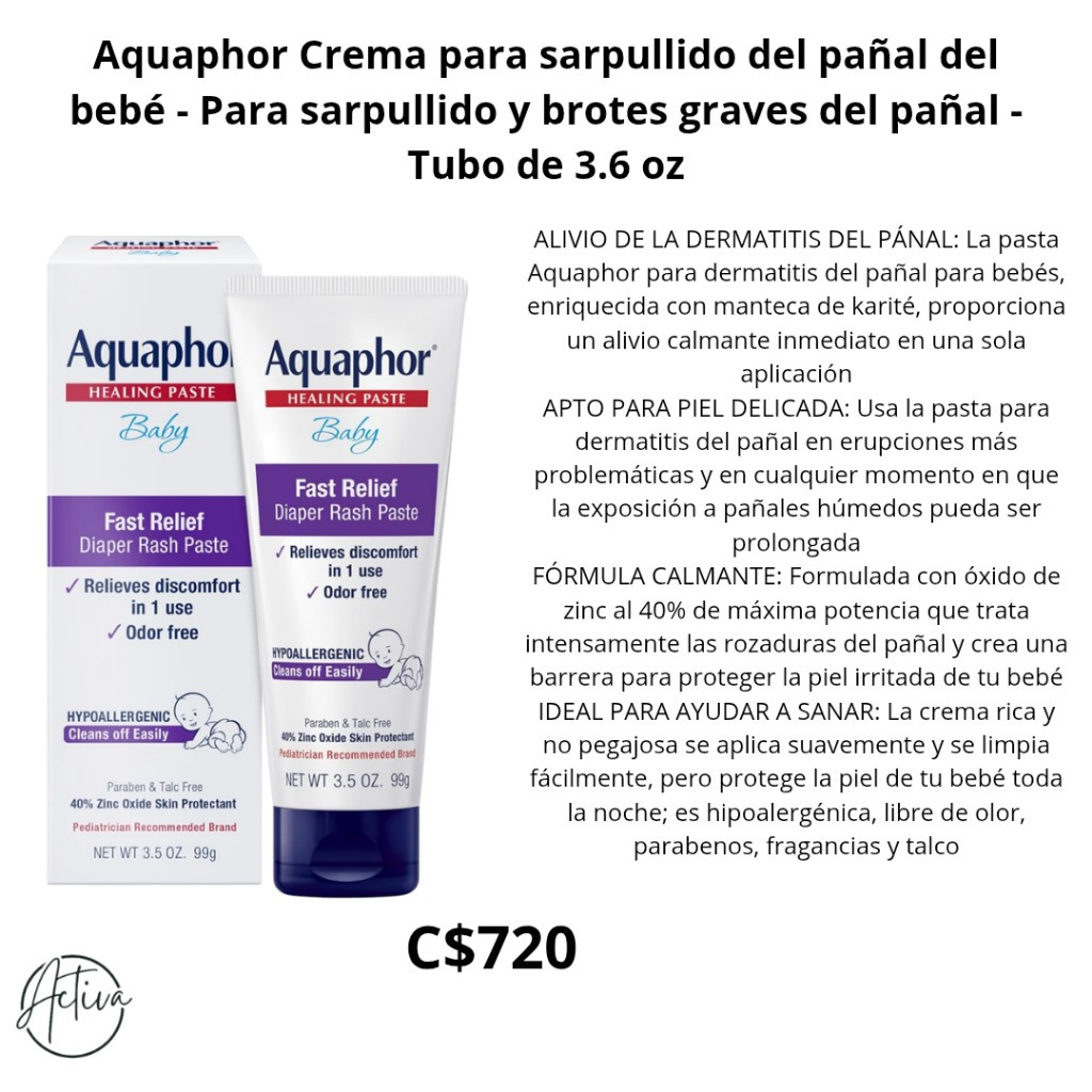 Imagen 1 de Aquaphor Crema para sarpullido del pañal del bebé - Para sarpullido y brotes graves del pañal - Tubo de 3.6 oz