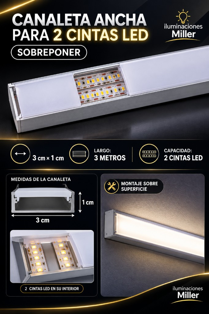 Imagen 1 de Canaleta para 2 cintas led 3m sobreponer