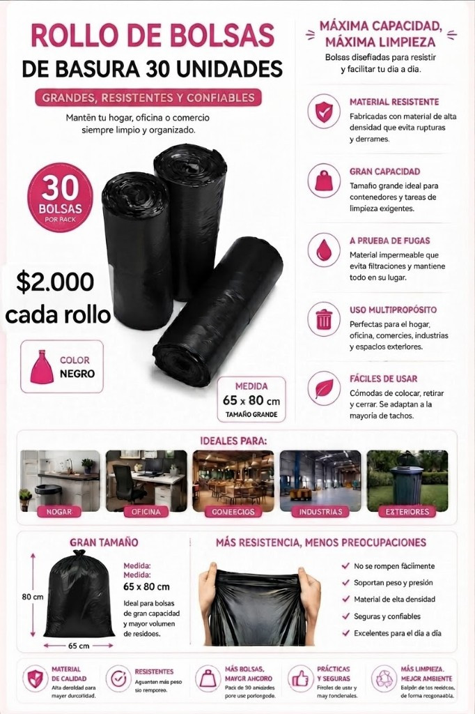 Imagen 1 de 1 rollo 30 bolsas de basura 65x80
