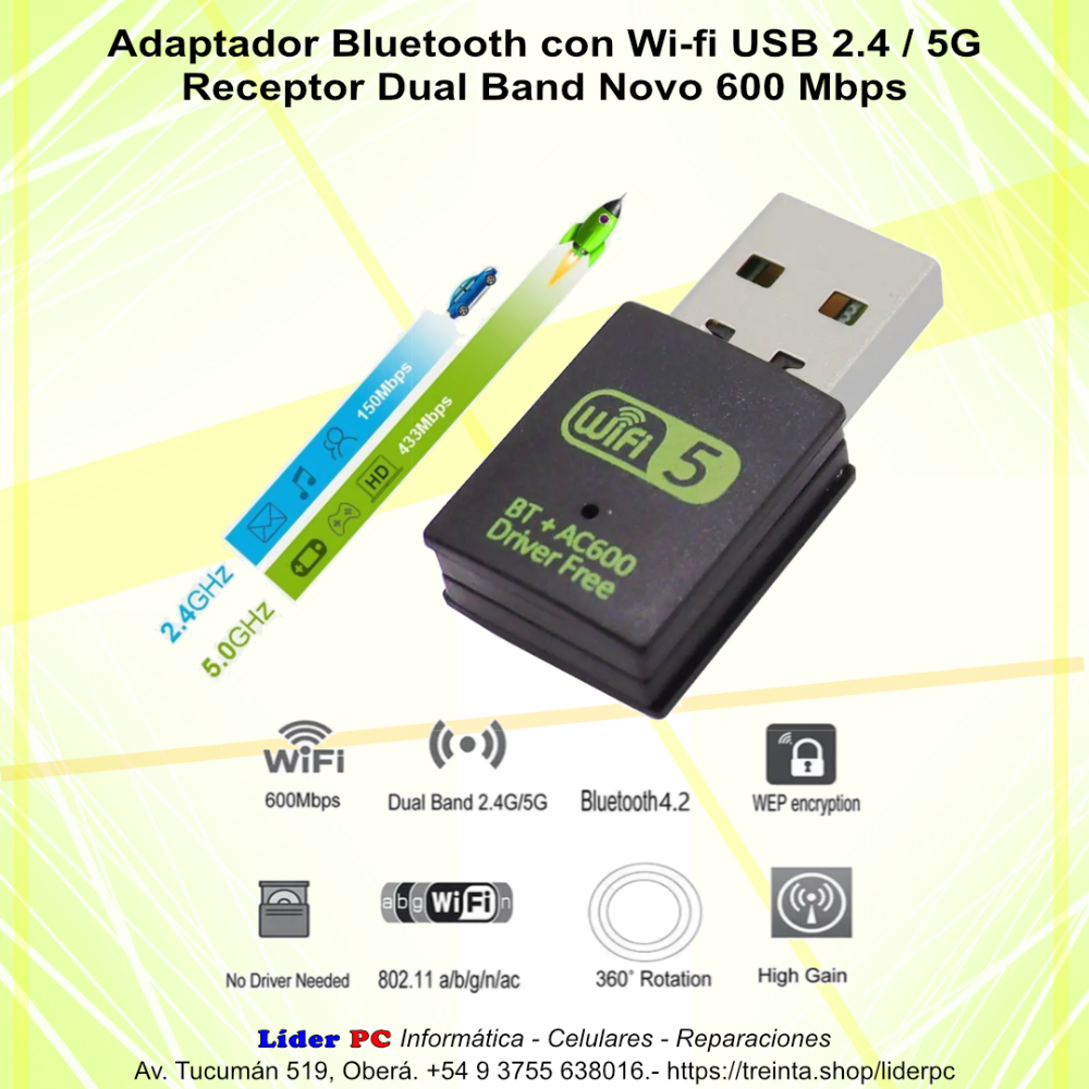 Imagen 1 de Adaptador Bluetooth con Wi-fi USB Dual Banda 2.4 - 5G 600Mbps