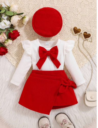 Imagen 1 de Conjunto de blusa de manga larga blanca con lazo rojo y falda 