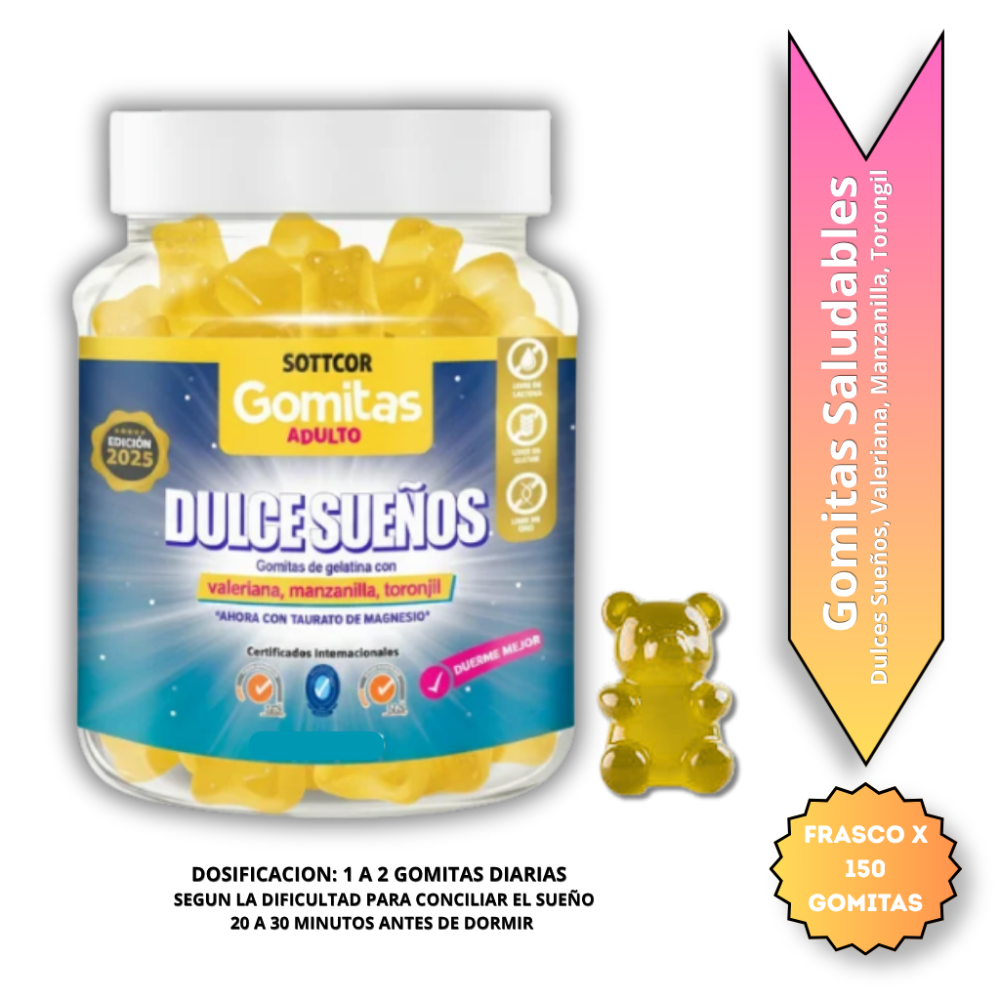 Imagen 1 de GOMITAS DULCES SUEÑOS, VALERIANA, MANZANILLA Y TORONGIL FRASCO x 150 GOMITAS