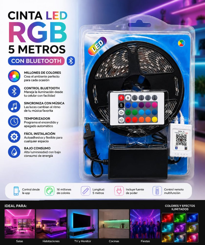 Imagen 1 de CINTA LED RGB 5 METROS CON BLUETOOTH 5050BT