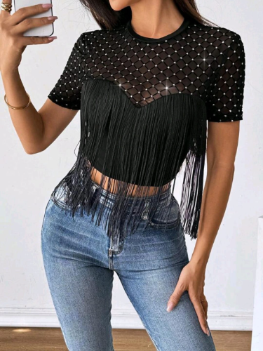 Imagen 1 de Blusa negra con flecos y transparencia de red L
