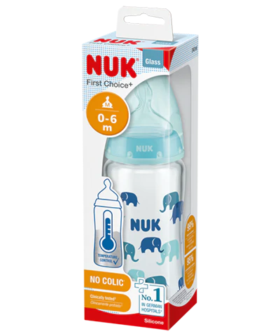Imagen 1 de NUK Biberón First Choice+ Elefantes Azul Vidrio 240 ml / 8 oz