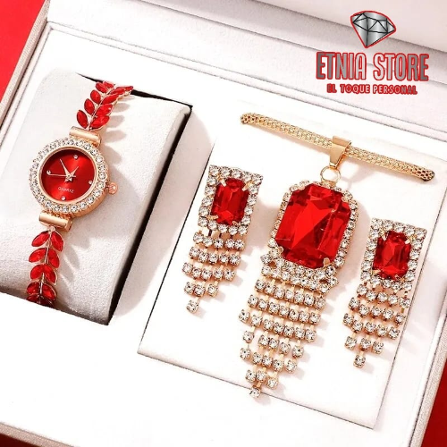 Imagen 1 de Combo 4 piezas rojo Reloj de cuarzo a la moda para mujer, diseño de marca de lujo, reloj de pulsera clásico, vestido Simple, regalos de vacaciones