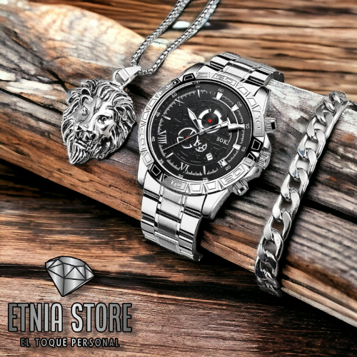 Imagen 1 de Combo de 3 piezas para Hombre reloj plateado acero inoxidable