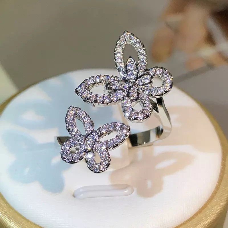 Imagen 1 de Anillo abierto mariposas en micro circonias en plata