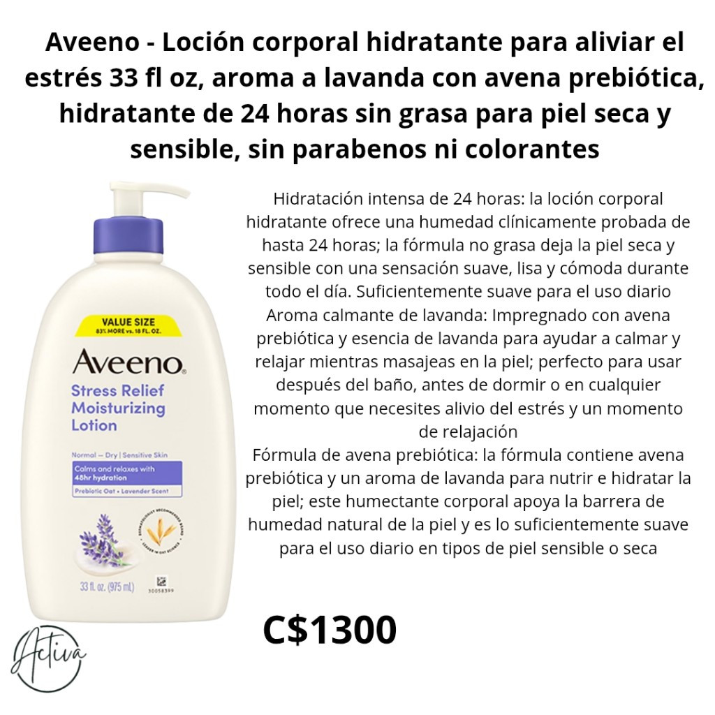 Imagen 1 de Aveeno - Loción corporal hidratante para aliviar el estrés 33 fl oz, aroma a lavanda con avena prebiótica, hidratante de 24 horas sin grasa para piel seca y sensible, sin parabenos ni colorantes