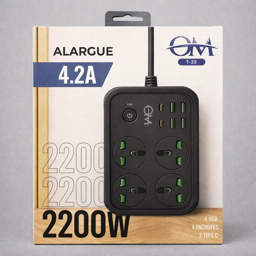 Imagen 1 de Alargue Zapatilla OM T-23 – 2200W | 4 Tomas + 4 USB