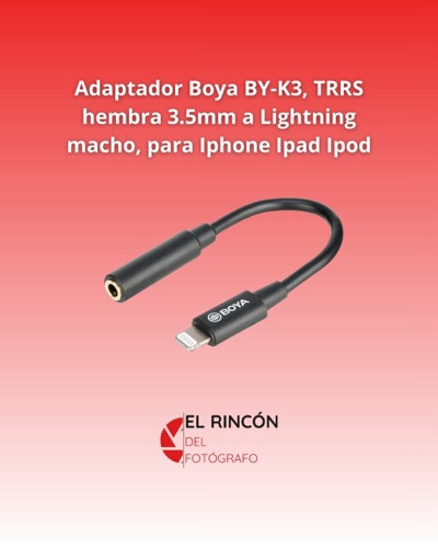 Imagen 1 de Adaptador Boya BY-K3, TRRS hembra 3.5mm a Lightning macho, para Iphone Ipad Ipod
