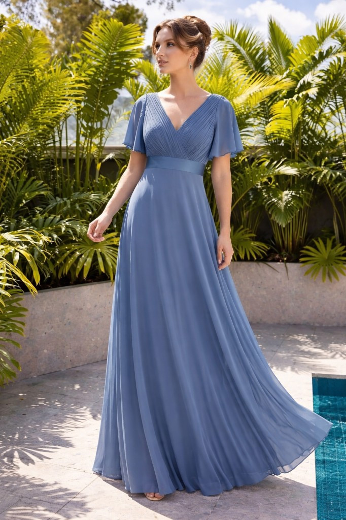 Imagen 1 de Vestido azul neblina Drapeado manga mariposa