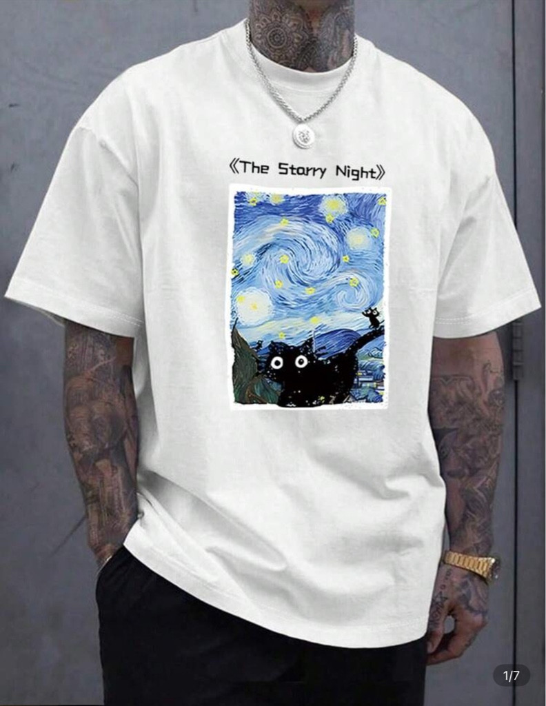 Imagen 1 de Camiseta blanca con estampado de gato estilo “Noche Estrellada”