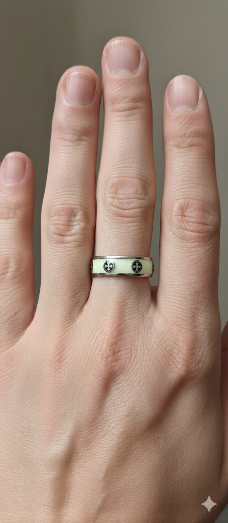 Imagen 1 de Anillo de Acero Inoxidable (Blanco con Cruces y Borde Platino)