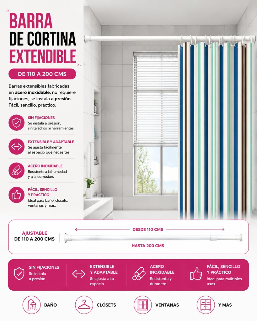 Imagen 1 de Barra de cortina extendible de 110 a 200 cms