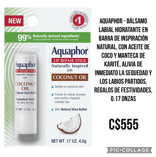 Imagen 1 de Aquaphor - Bálsamo labial hidratante en barra de inspiración natural, con aceite de coco y manteca de karité, alivia de inmediato la sequedad y los labios partidos, regalos de festividades,