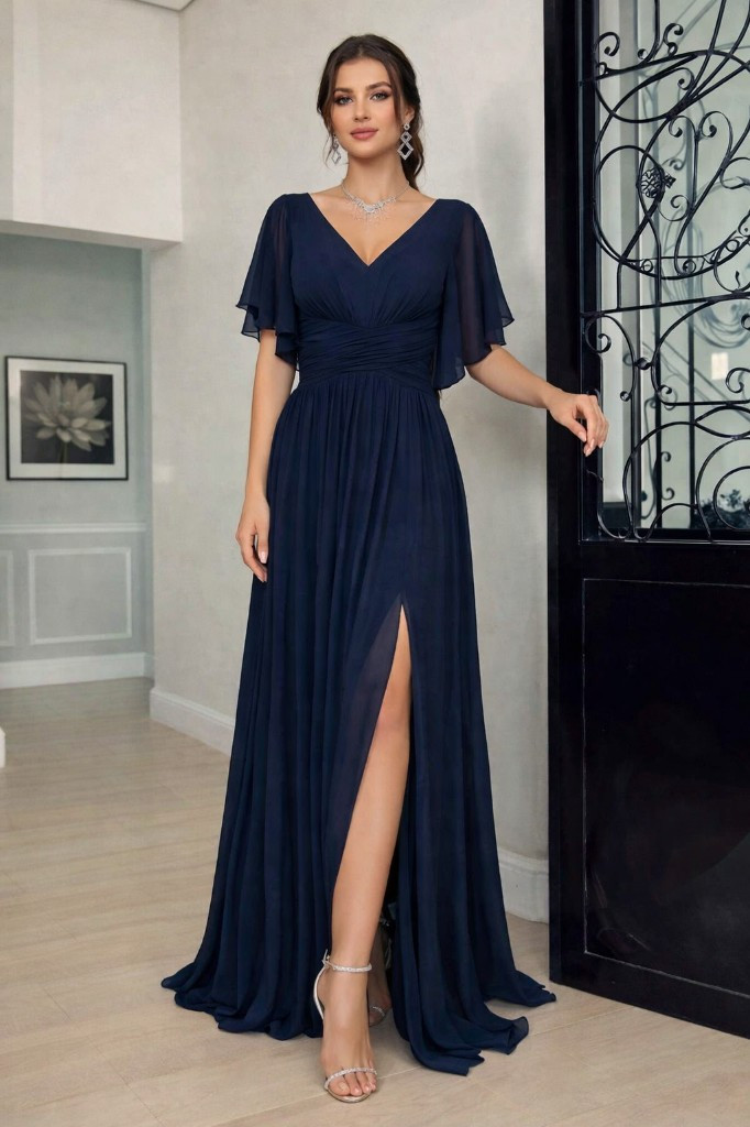Imagen 1 de Vestido azul marino con abertura lateral y Drapeado medio en cintura