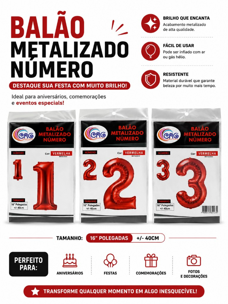 Imagem 1 de Balões metalizados 40cm Vermelho