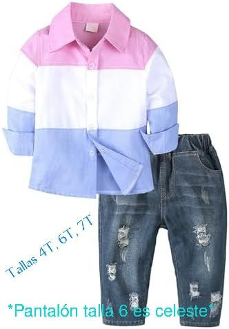 Imagen 1 de Camisa manga larga 3 tonos pastel y jean roto 4,6,7T