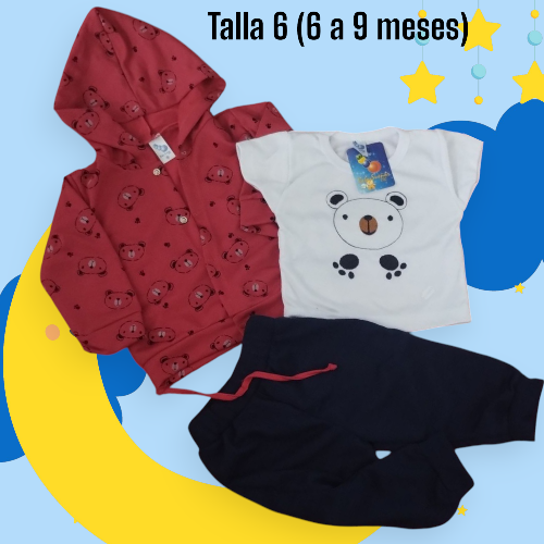 Imagen 1 de Otros - Conjunto de 3 piezas Chaqueta Estampada Ositos Talla 6 a 9 meses