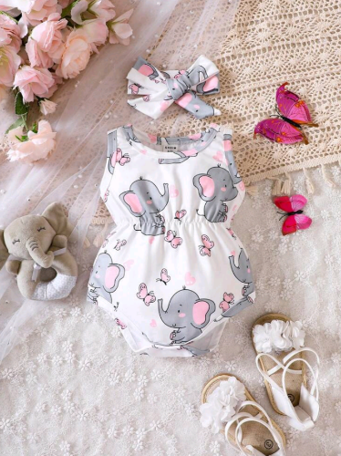 Imagen 1 de Body blanco con estampado de elefante gris y rosado 