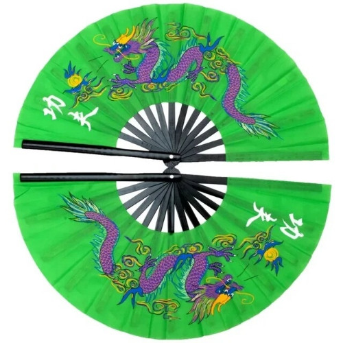 Imagen 1 de Abanico de Tai Chi de 34cm para artes marciales, abanicos de Kung Fu chino de bambú de alta calidad, dos manos, patrón de dragón, cubierta verde