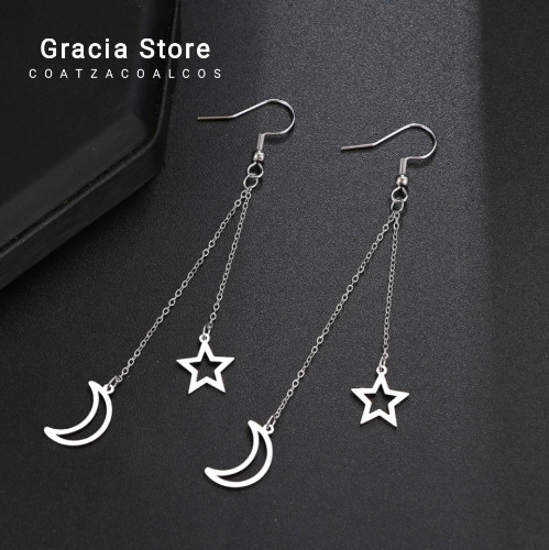 Imagen 1 de Aretes largos luna y estrella plata, acero 