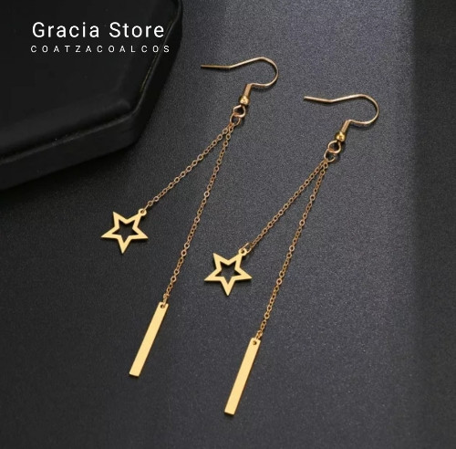 Imagen 1 de Aretes largos de estrella y vara dorados, acero