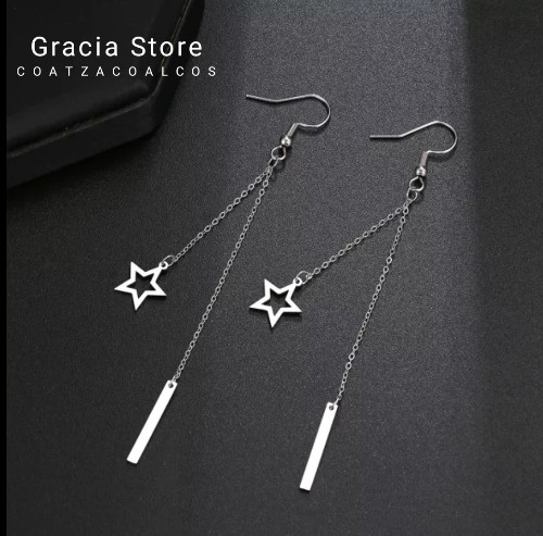 Imagen 1 de Aretes largos de estrella y vara plateados, acero 