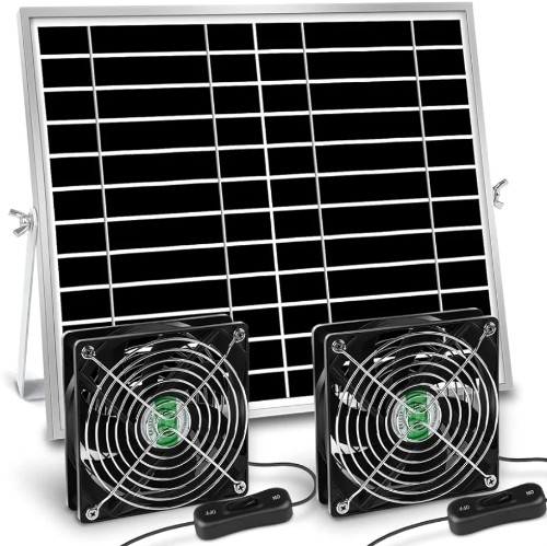 Imagen 1 de  Ventilador solar de 20 W, ventilador solar para exterior, cobertizo, gallinero, invernadero con dos ventiladores impermeables IPX7, interruptor de en