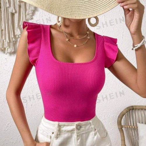 Imagen 1 de BLUSA SHEIN DE PUNTO MANGA VOLANTES FUCSIA