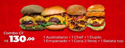 Imagem 1 de 1 australiano + 1 chef + 1 duplo cheddar + 1 empanado + 1 coca 2 litros + 1 batata top