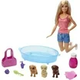 Barbie Doll, Blonde, and Playset with 3 Puppies, Bathtub and Accessories