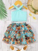 BB2-Top halter turquesa falda estampada  talla 12-18m (Reventa)