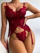 Set de encaje rojo con arnes y tanga len04