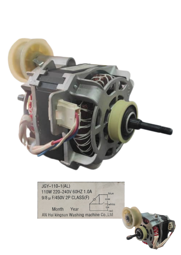 Motor Modelo JGY-110-1(AL) de 110W / 220V-240V, Fabricado por Washing Machine Co. para Lavadoras semiautomáticas (doble tina) en Modelos Midea de la Series Twin Tub, y en Modelos Haier de doble tina