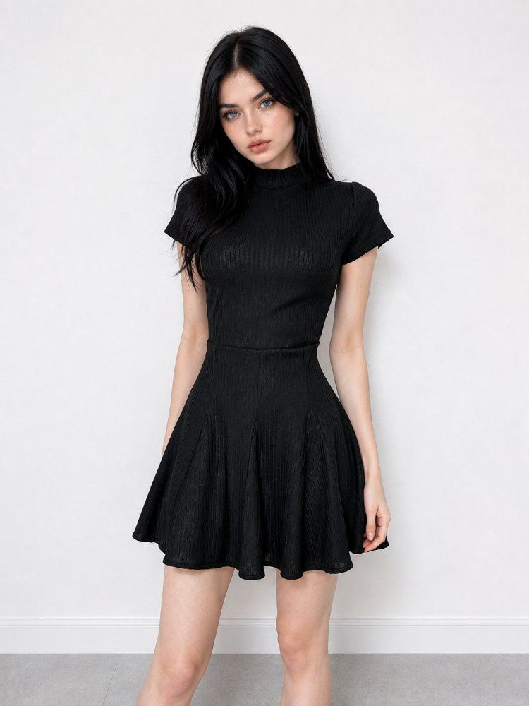 Vestido Corto Morley Acanalado Cuello Alto Negro