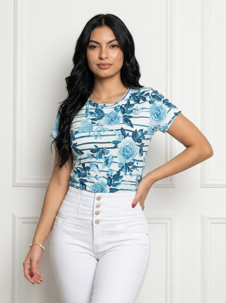 Camiseta rayas y rosas azul acuarela