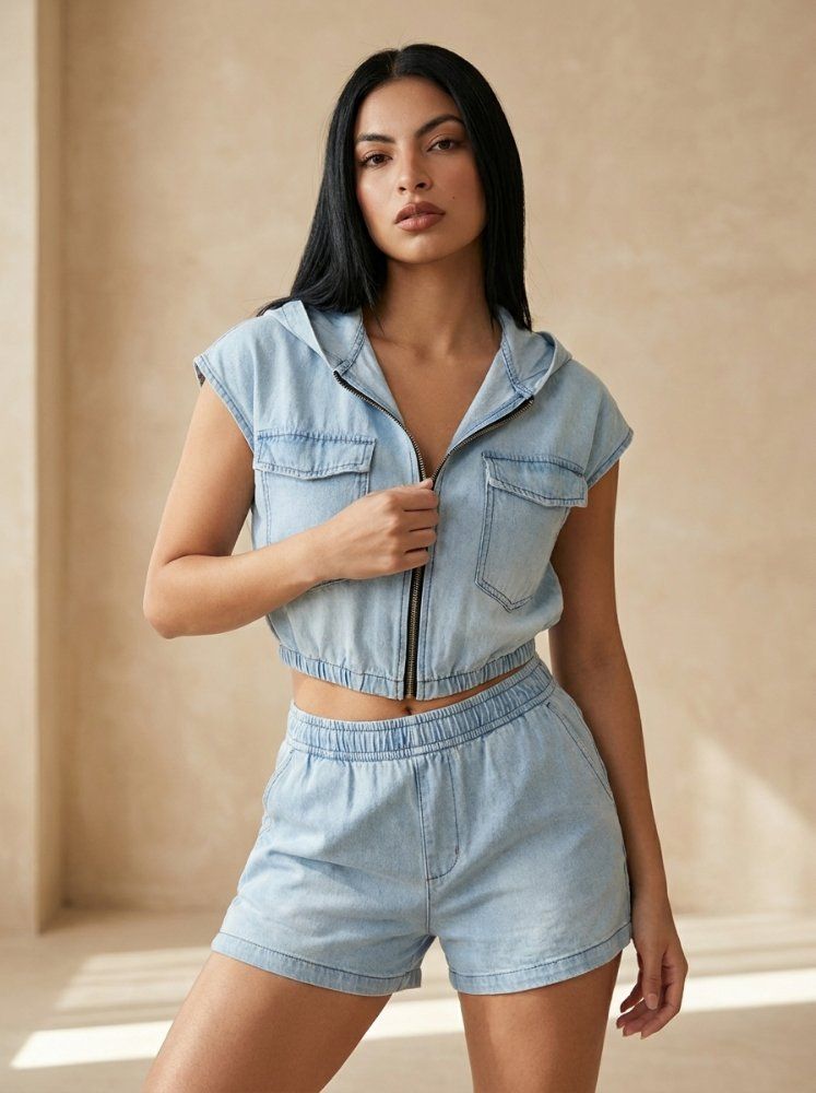 Chaleco crop denim con capucha