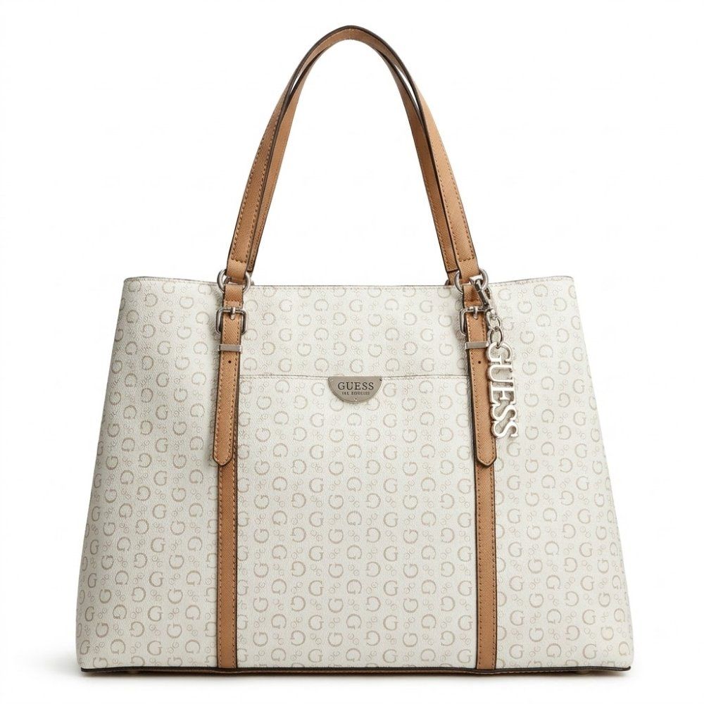 BOLSO GRANDE GUESS CON LOGOS (BEIGE CON BLANCO)