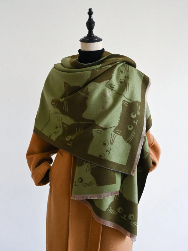 Bufanda de jacquard con diseño de gatitos Verde 65x185cm