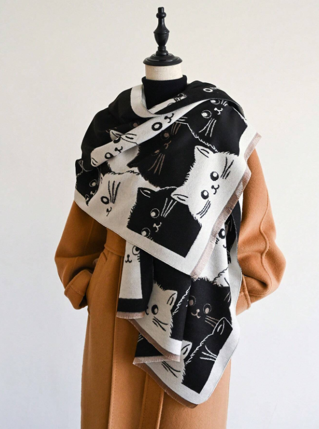 Bufanda de jacquard con diseño de gatitos blanco/negro 65x185cm