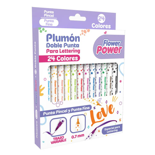 plumon Doble punta Flower Power Pincel mas P. Fina X24 PRIMAVERA
