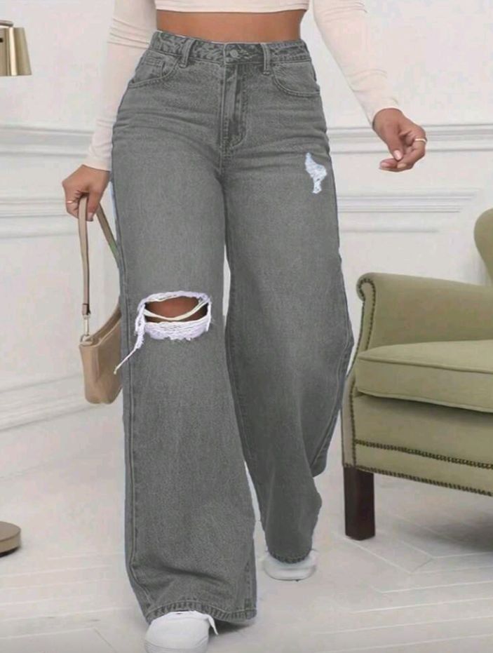 Pantalones vaqueros de pierna ancha con bolsillo y diseño desgastado de alta calidad, para primavera