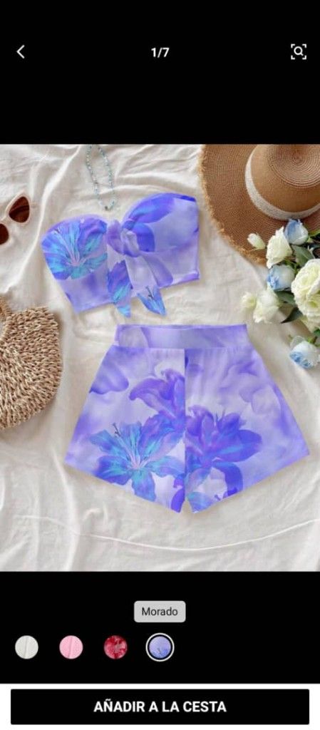 Conjunto informal de top bandeau con lazo delantero y shorts mini entallados, adecuado para el verano, color morado hibisco, apto para vacaciones