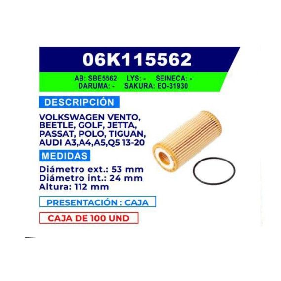 06K115562 KUSA FILTRO DE ACEITE ELEMENTO PARA VW, AUDI, TIGUAN SBE5562 EO31930