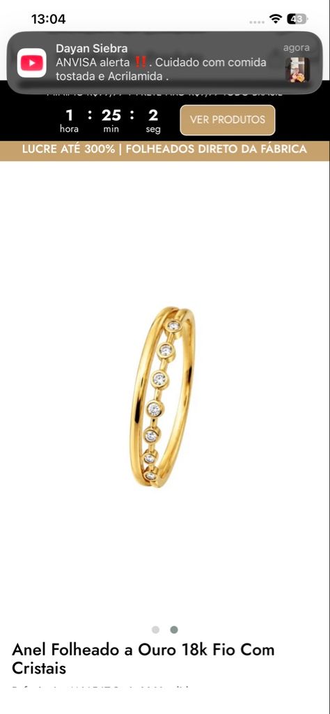 Anel delicado folheado ouro 18k com cristais