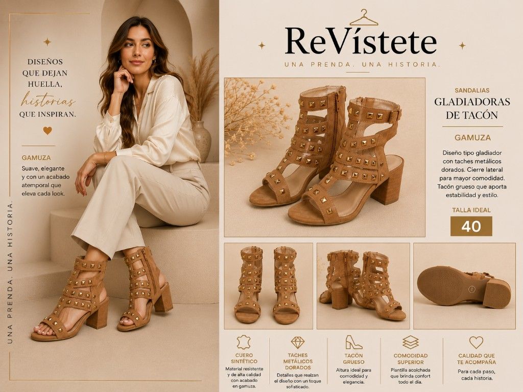 A12. Sandalias gladiadoras con taches dorados, Talla 40