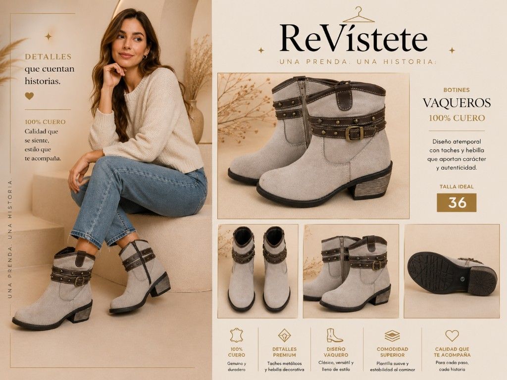 A13. Botines vaqueros beige colombianos, Talla ideal 36